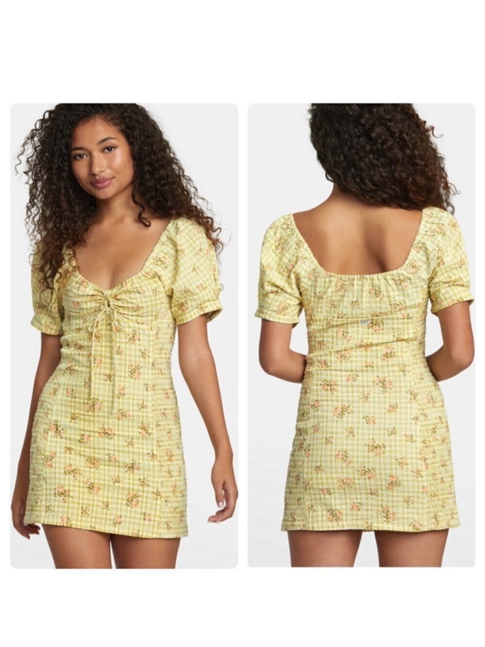 RVCA Gretel Linen Dress smocked bodycon floral yellow feminine summer medium